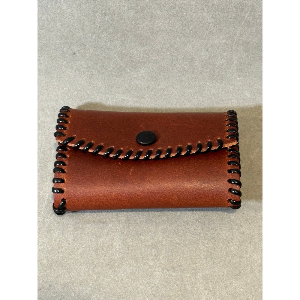 Vintage Brown Leather Key Case Organizer Whipstitch Snap Closure 6 Hooks Brown